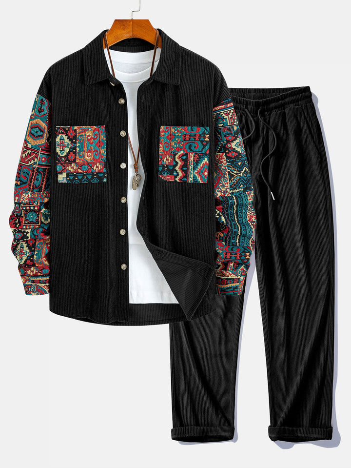 Ethnic Geometric Jacquard Patchwork Corduroy Shirt & Straight Leg Corduroy Pants
