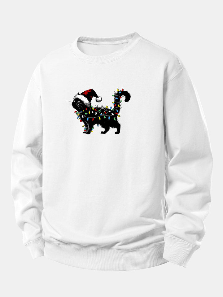 Christmas Colorful Light Black Cat Print Relax Fit Sweatshirt