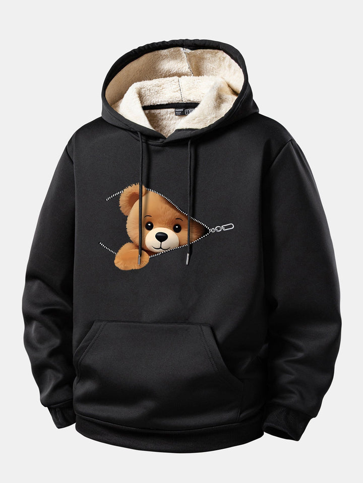 Zipper Bear Print Teddy Lined Hoodie