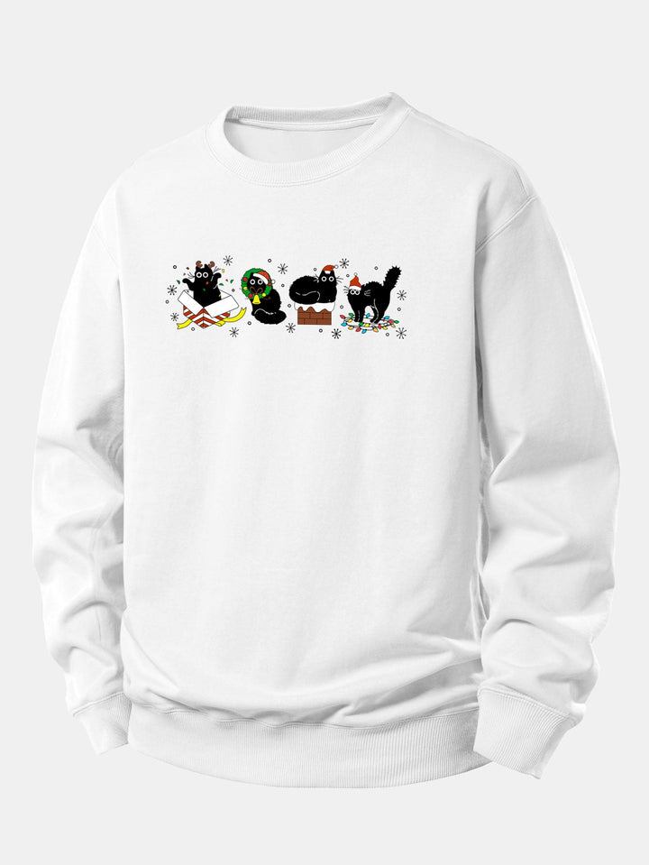 Christmas Black Cat Print Relax Fit Sweatshirt