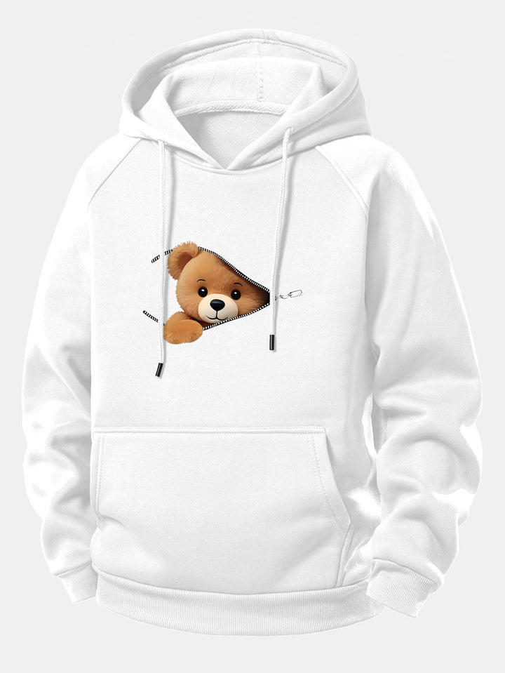 Zipper Bear Print Drawstring Hoodie