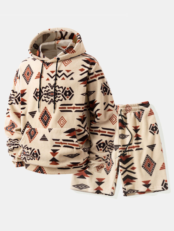 Relax Fit Tribal Geometry Teddy Hoodie & Shorts