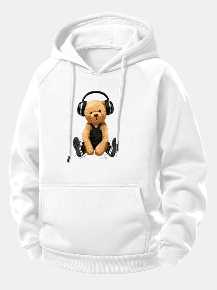 Headphone Bear Print Drawstring Hoodie