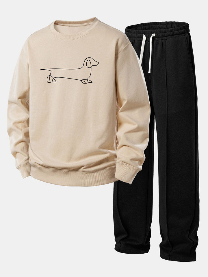 Line Dachshund Print Relax Fit Sweatshirt & Straight Leg Pleated Pintuck Sweatpants