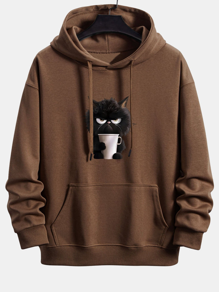 Black Cat Drinking Coffee Print Relax Fit Hoodie