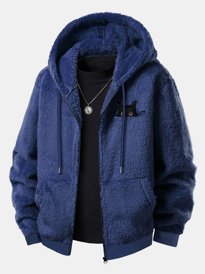 Black Cat Embroidered Teddy Zip Up Hoodie