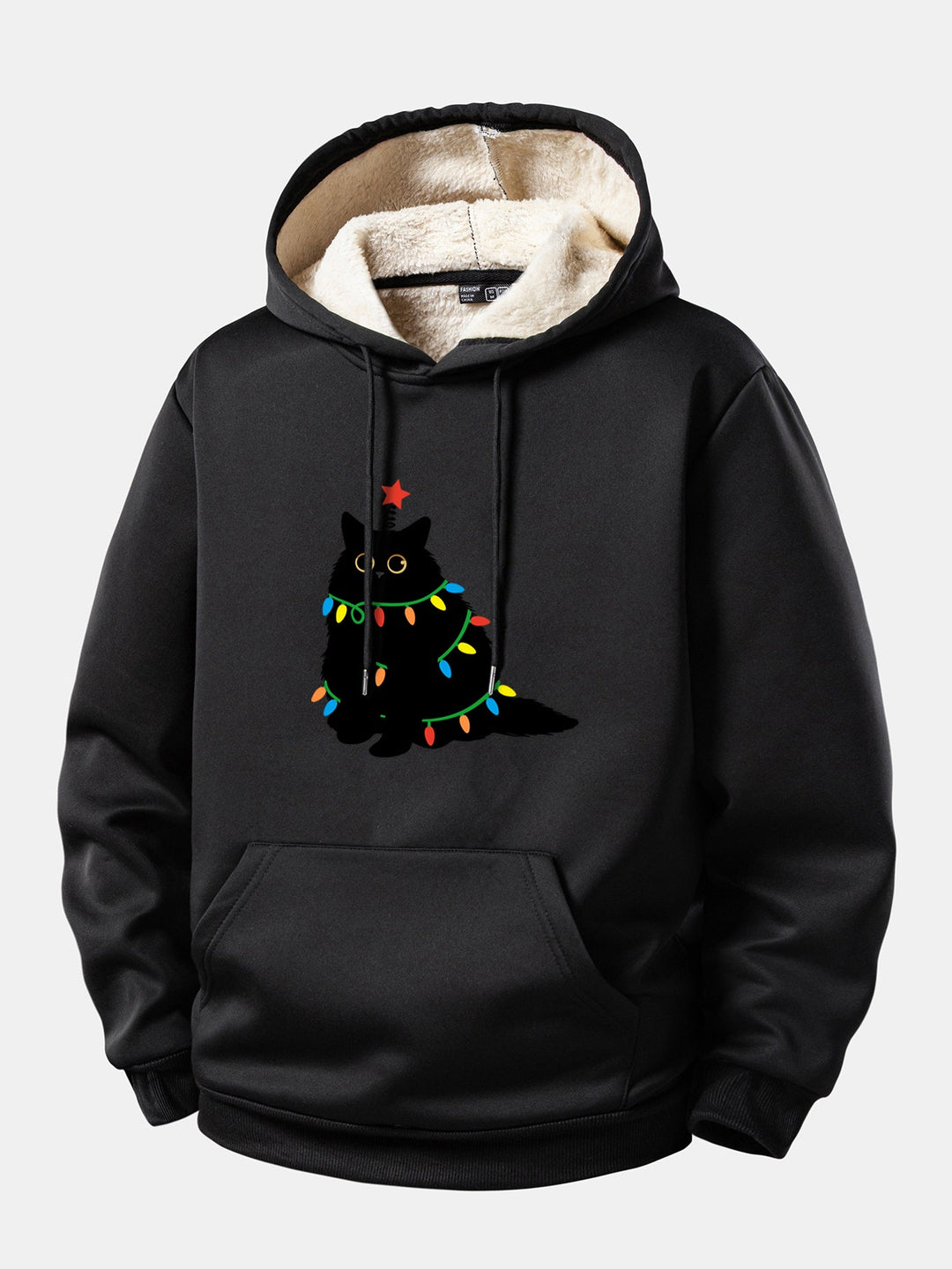 Colorful Light Black Cat Print Teddy Lined Hoodie
