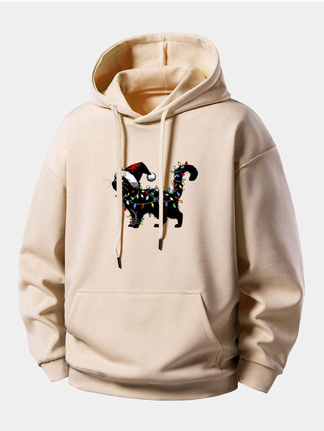 Christmas Colorful Light Black Cat Print Relax Fit Hoodie