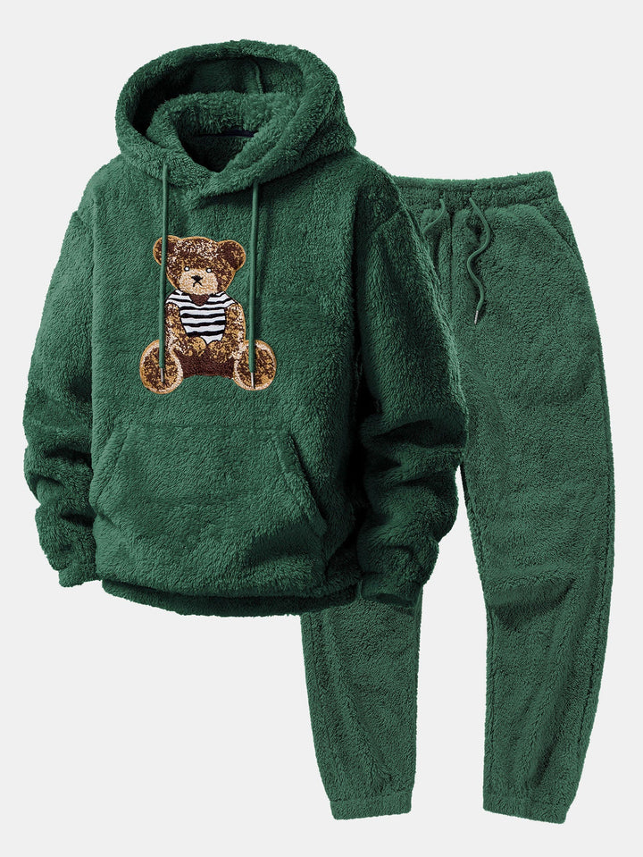 Bear Embroidered Patch Teddy Hoodie & Teddy Jogger Pants