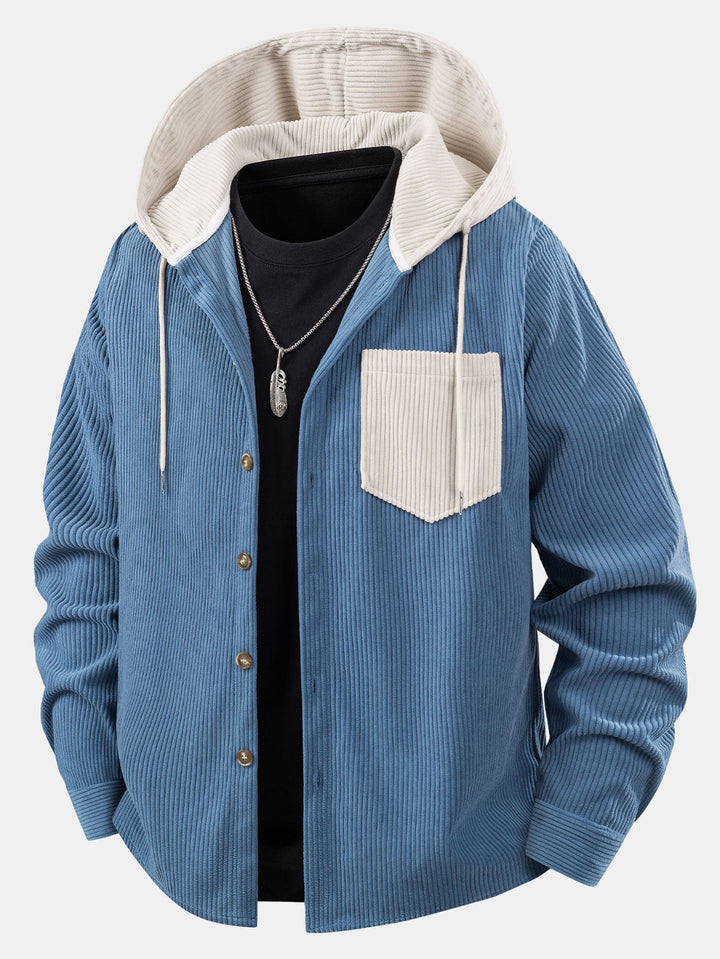 Long Sleeved Contrast Corduroy Hooded Shirt
