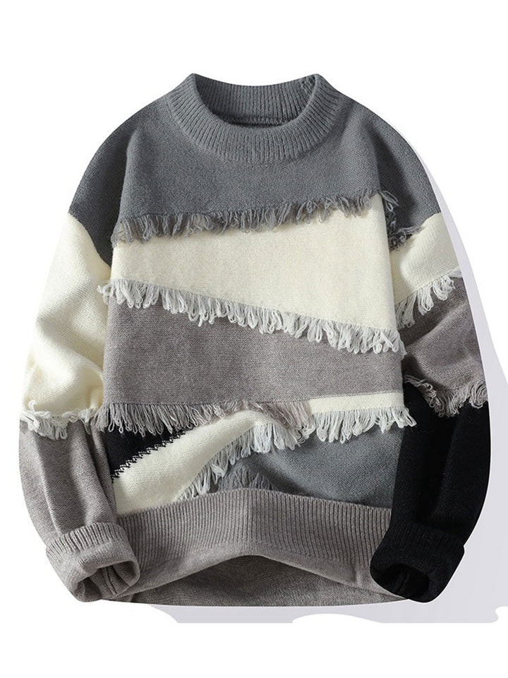 Color Block Fringe Patchwork Crew Neck Sweater