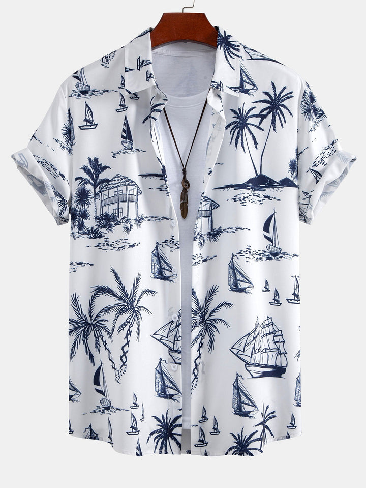 Island Sailing Print Button Up Shirt & Swim Shorts