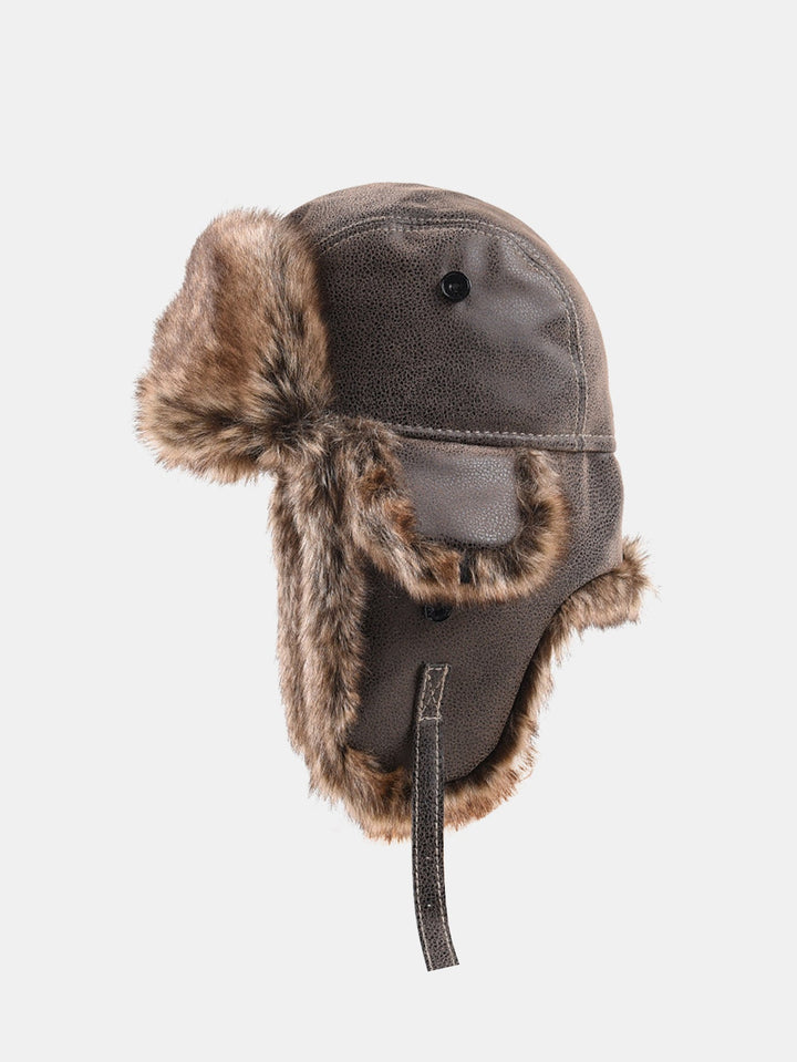 Faux Fur Leather Bomber Hat With Ear Flap