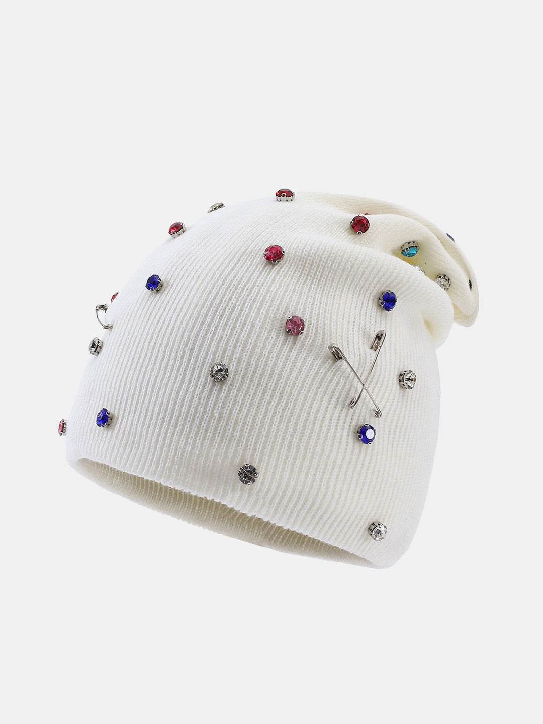 Fashion Punk Style Warm Rhinestone Knit Beanie Hat With Brooch Pin