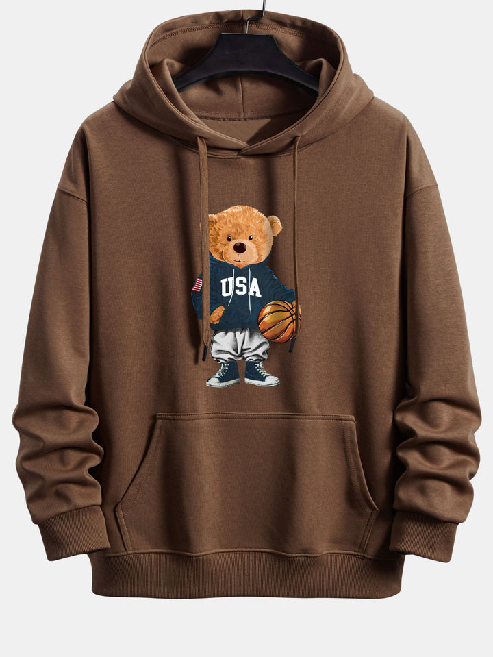 Basketball Bear Print Relax Fit Drawstring Hoodie