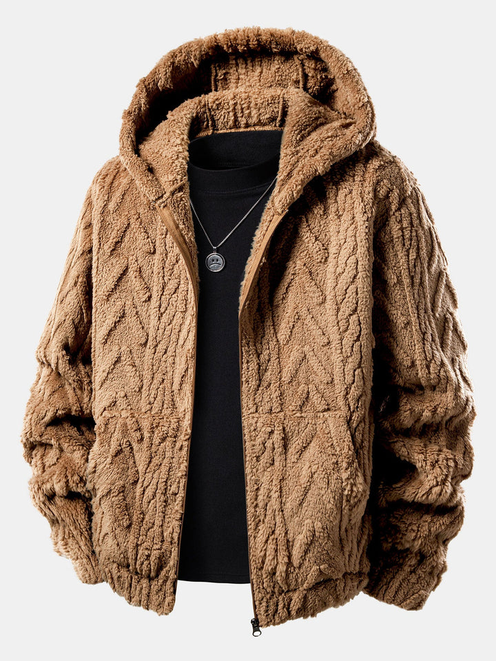 Geometric Jacquard Teddy Fleece Zip Up Hoodie