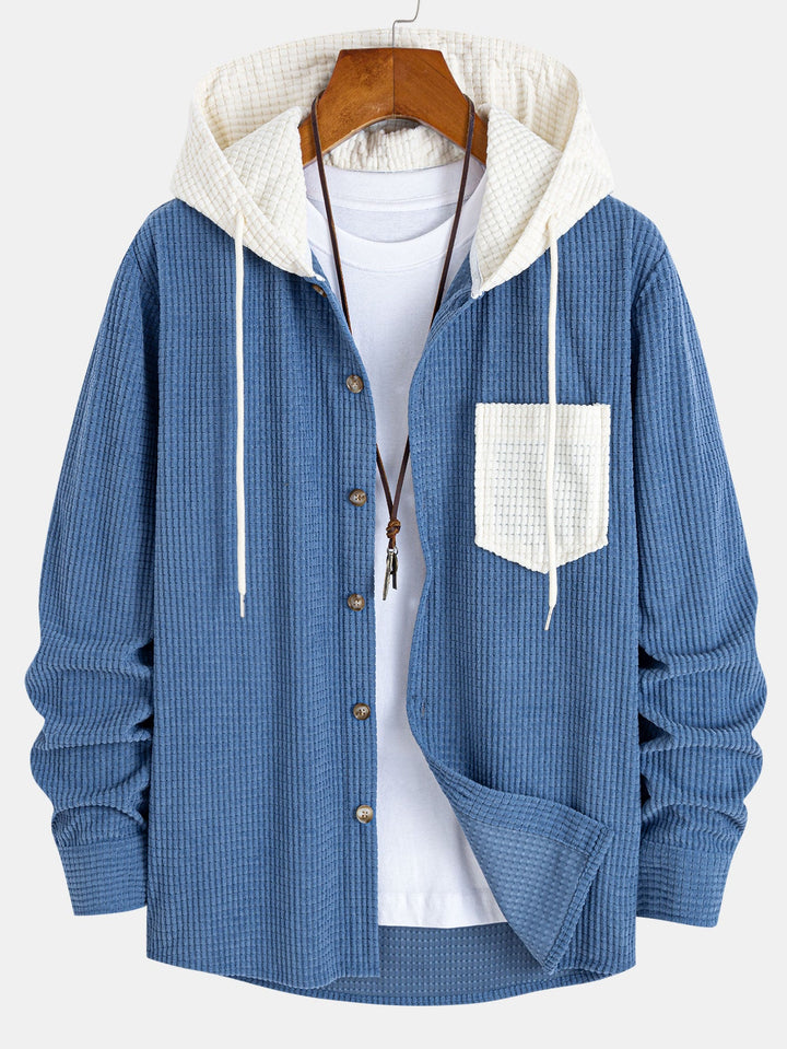 Long Sleeved Waffle Corduroy Contrast Hooded Shirt