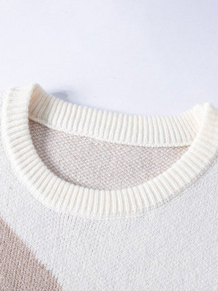 Color Block Cat Print Crew Neck Sweater