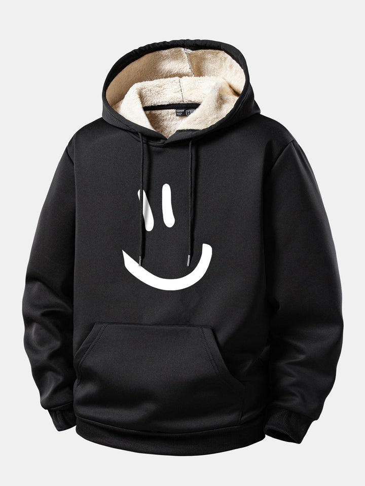 Smiley Face Print Teddy Fleece Lined Drawstring Hoodie