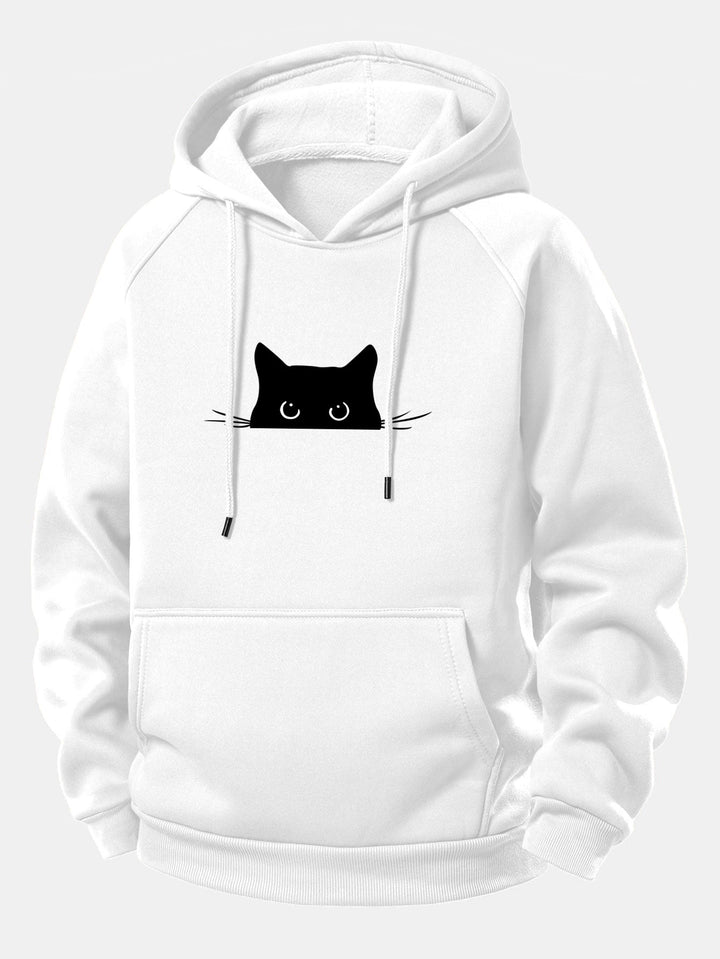 Black Cat Print Drawstring Hoodie