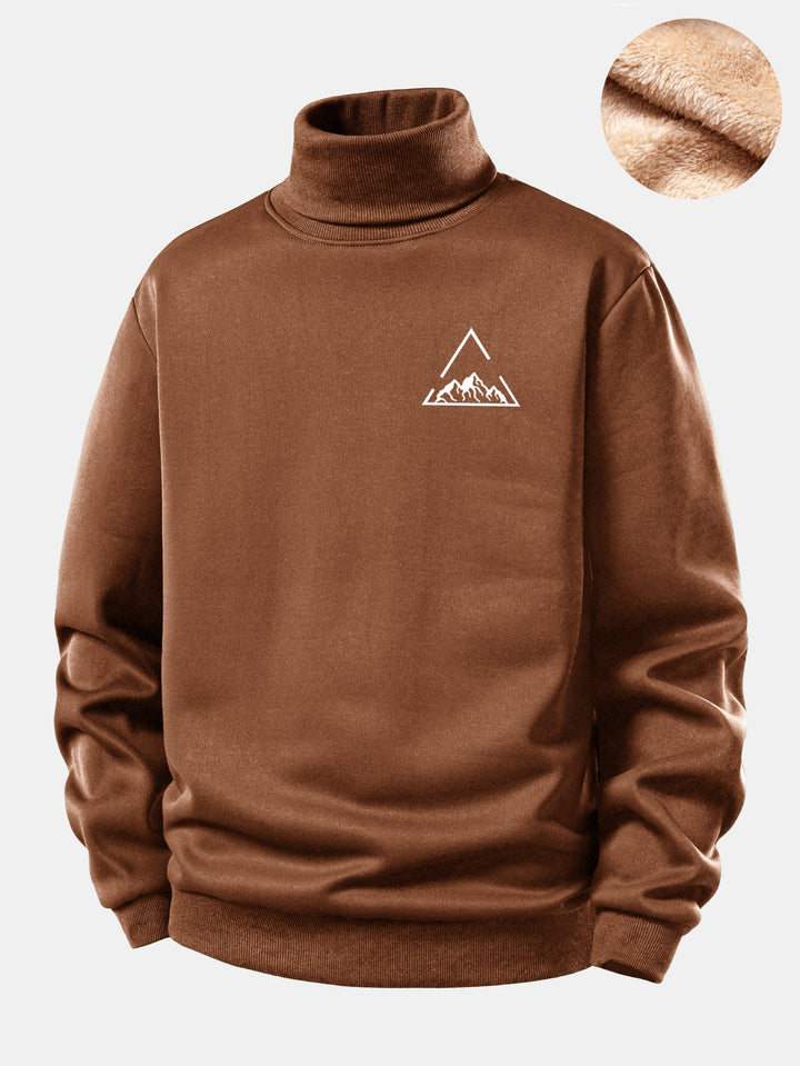 Mountain Print Teddy Fleece Lined Turtle Neck Sweatshirt