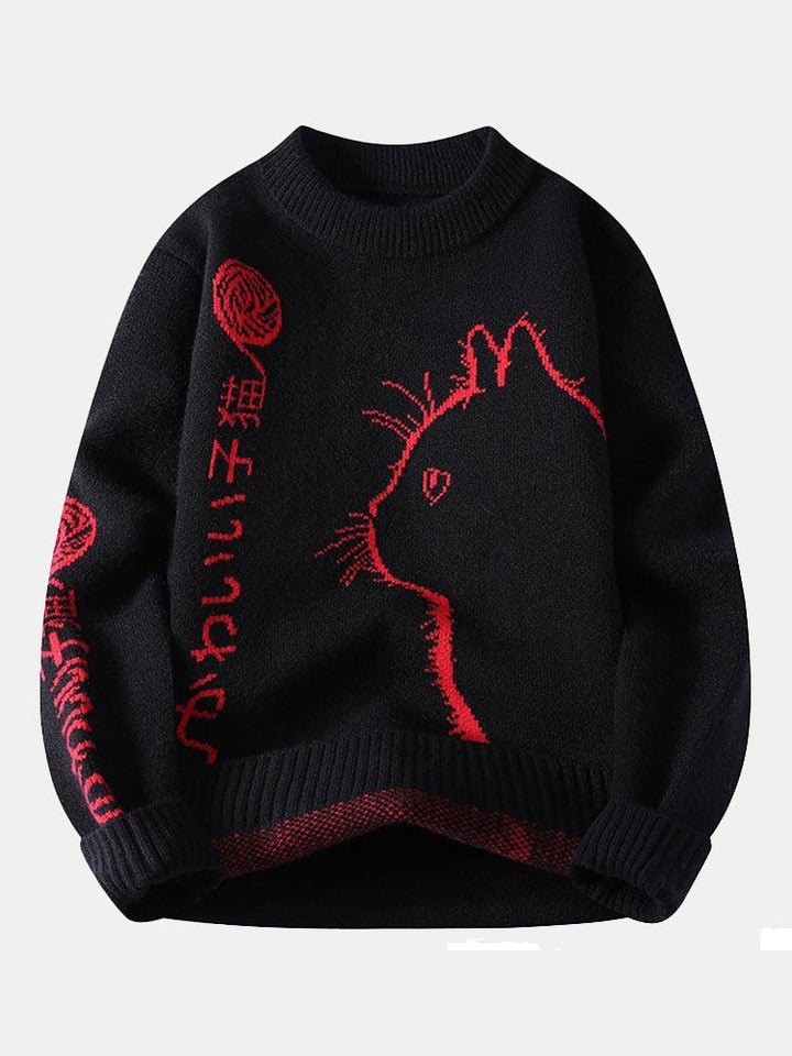 Japanese Cat Print Crew Neck Sweater