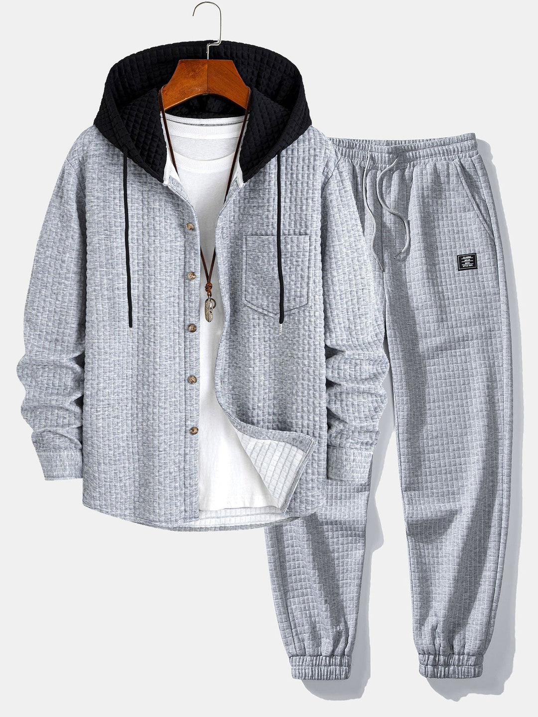 Contrast Waffle Hooded Shirt & Drawstring Waffle Jogger Pants