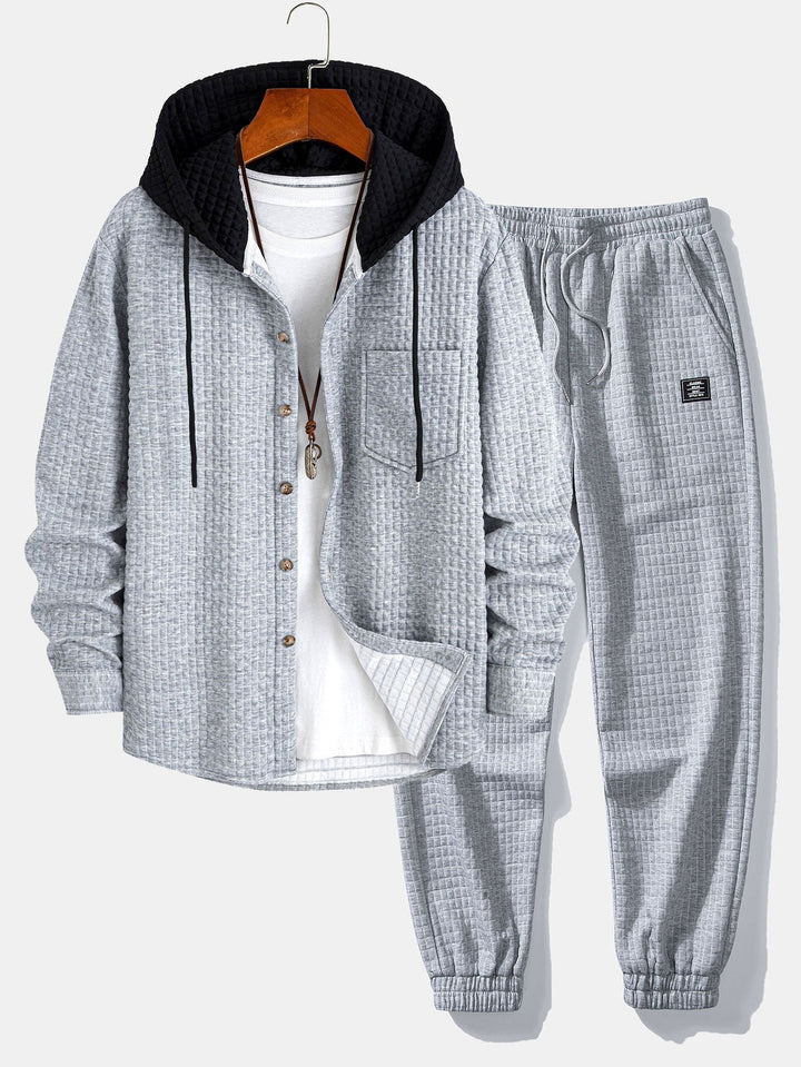Contrast Waffle Hooded Shirt & Drawstring Waffle Jogger Pants