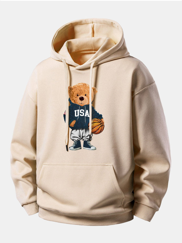 Basketball Bear Print Relax Fit Drawstring Hoodie
