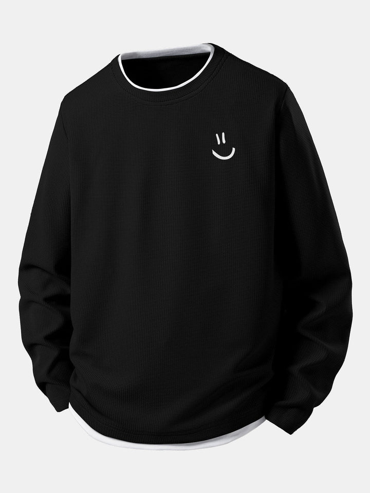 Smiley Face Print 2 In 1 Long Sleeved Waffle T-Shirt