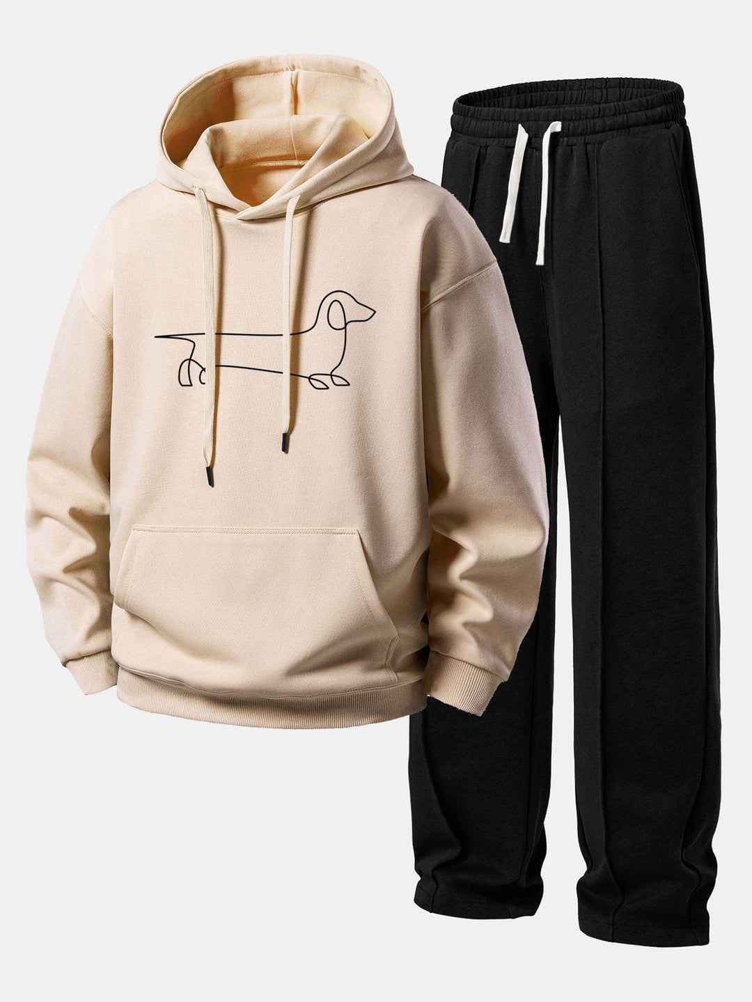 Line Dachshund Print Relax Fit Hoodie & Straight Leg Pleated Pintuck Sweatpants