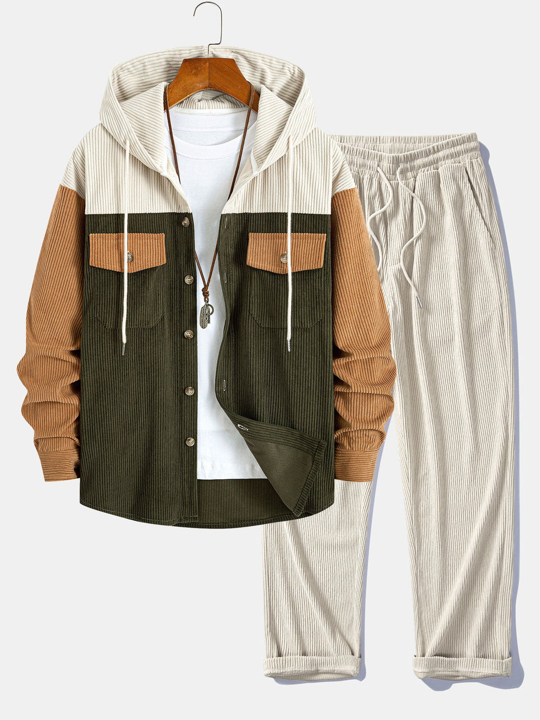 Relax Fit Corduroy Patchwork Hooded Shirt With Pockets & Straight Leg Corduroy Pants