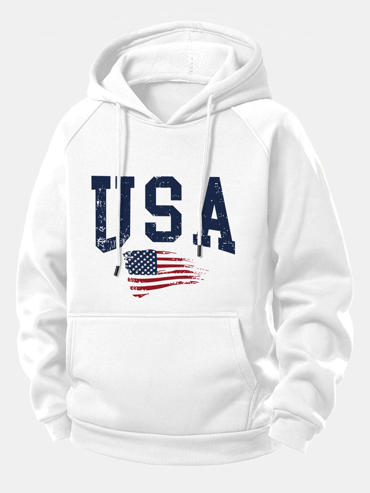 USA Flag Print Drawstring Hoodie