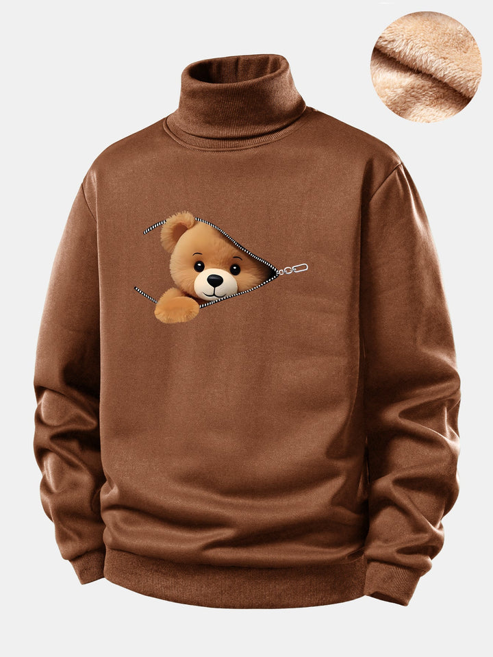 Zipper Bear Print Teddy Fleece Lined Turtle Neck Sweatshirt