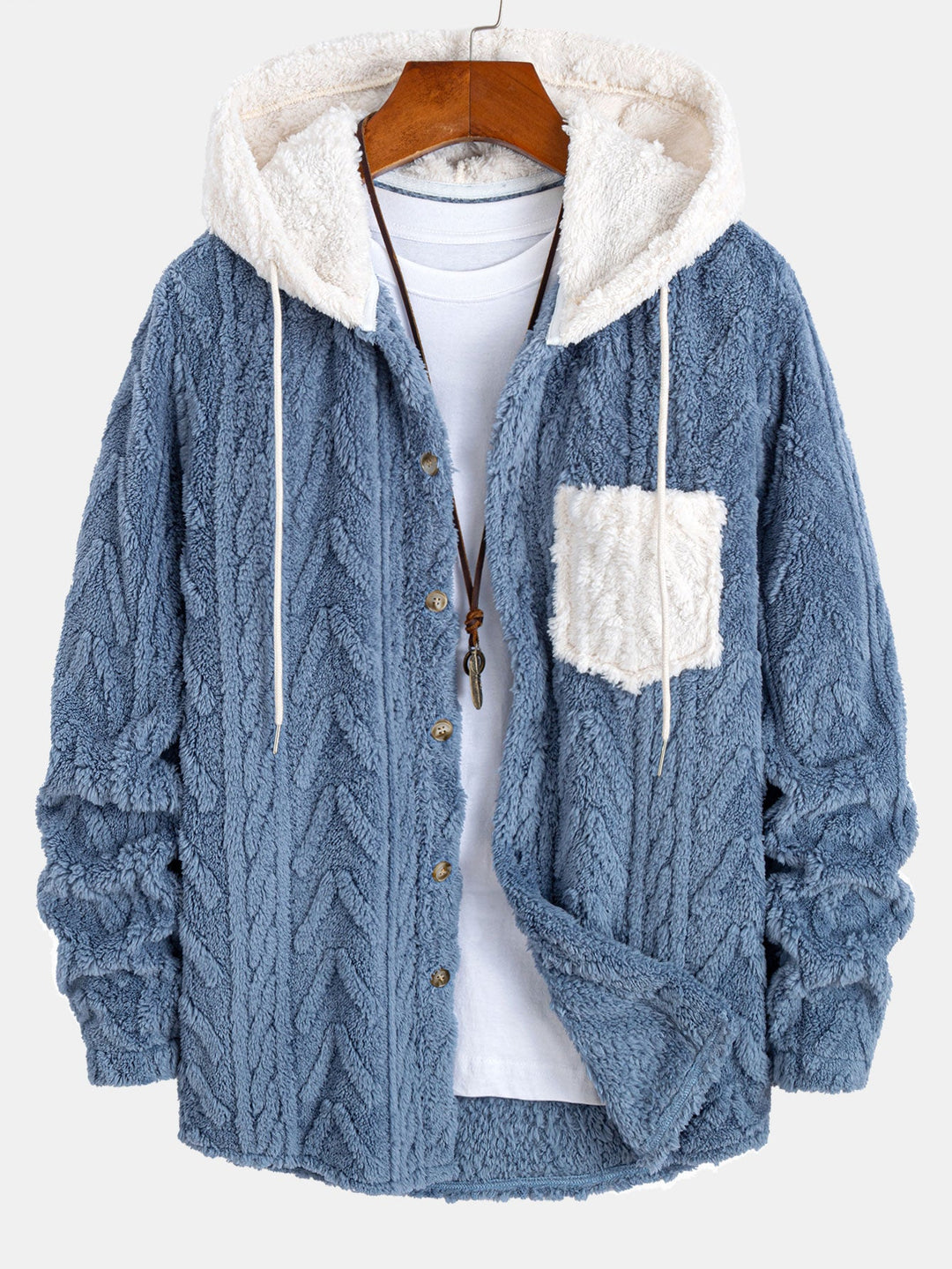 Contrast Geometric Jacquard Teddy Hooded Shirt