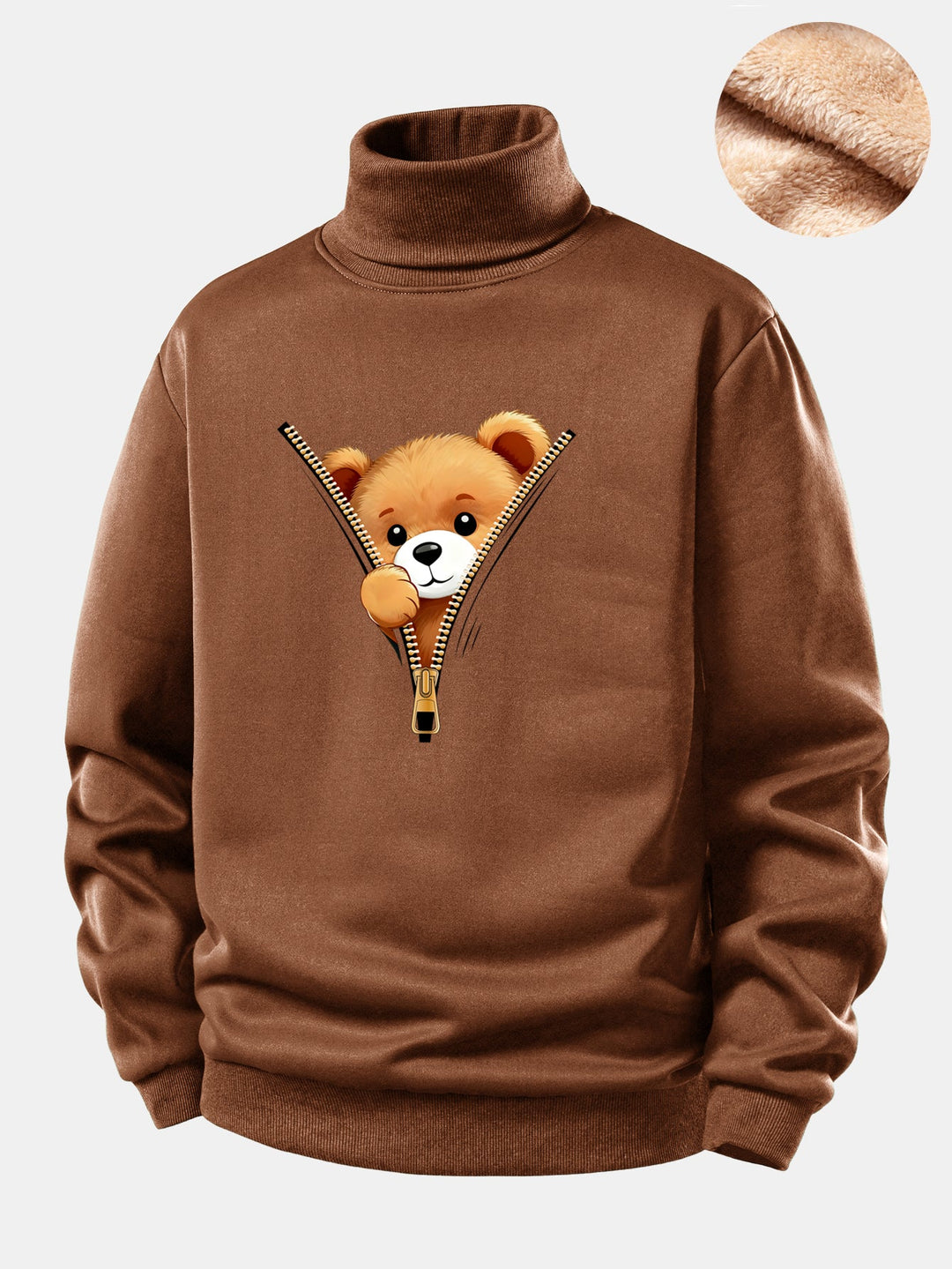 Zipper Bear Print Teddy Fleece Lined Turtle Neck Sweatshirt