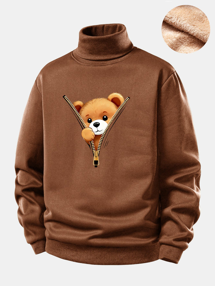 Zipper Bear Print Teddy Fleece Lined Turtle Neck Sweatshirt