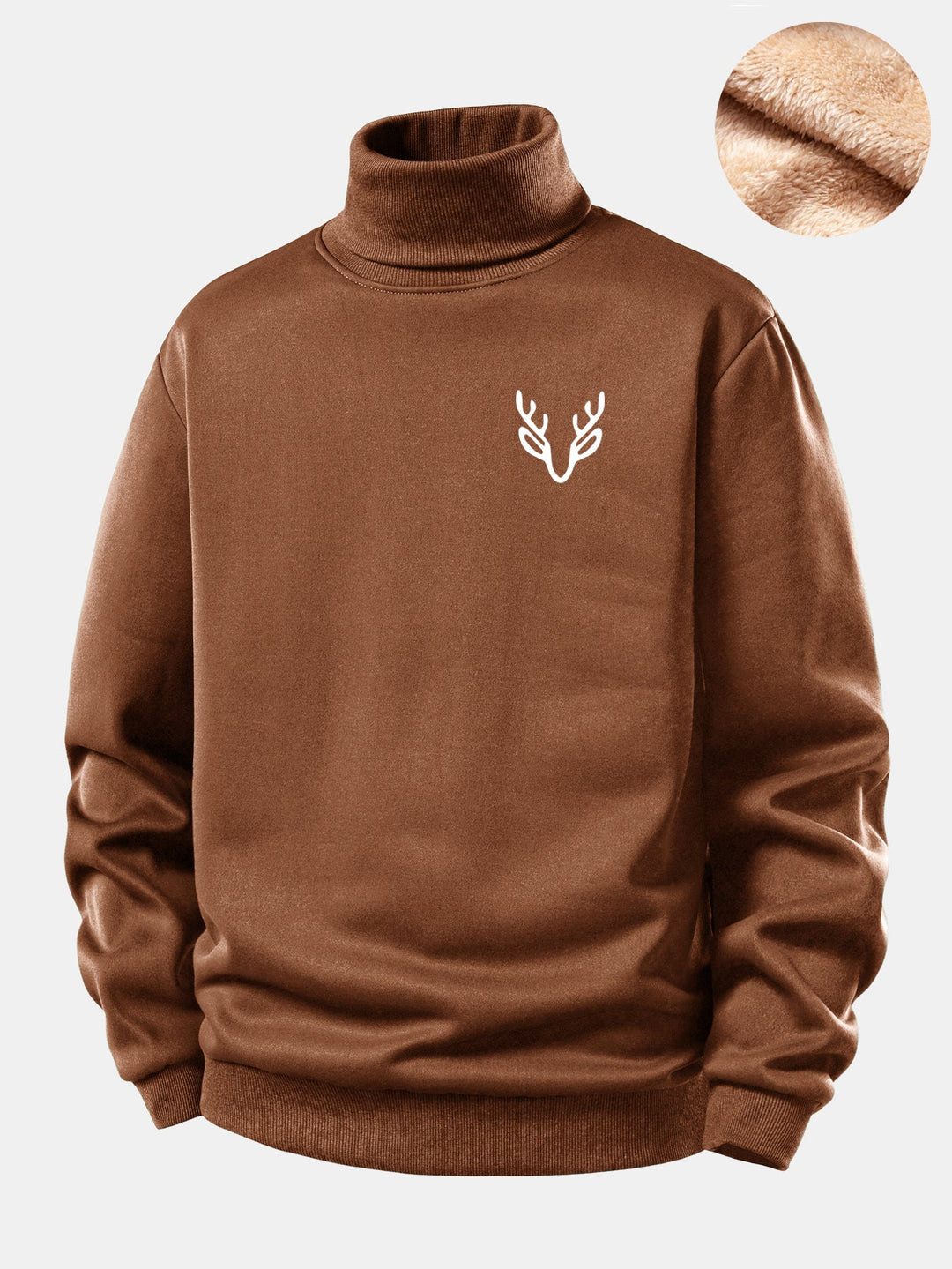 Head Deer Print Teddy Fleece Lined Turtle Neck Sweatshirt