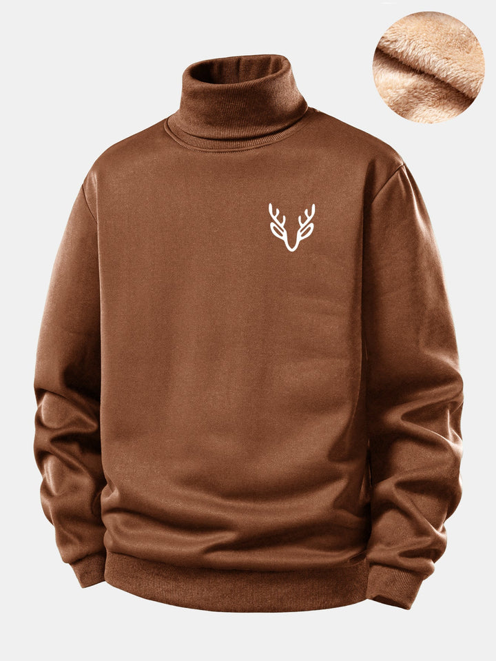 Head Deer Print Teddy Fleece Lined Turtle Neck Sweatshirt