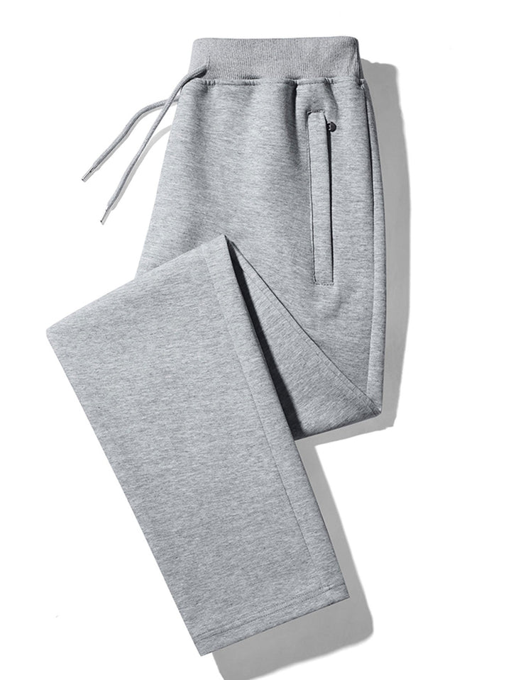 Solid Zipper Pocket Cotton Straight Leg Pants