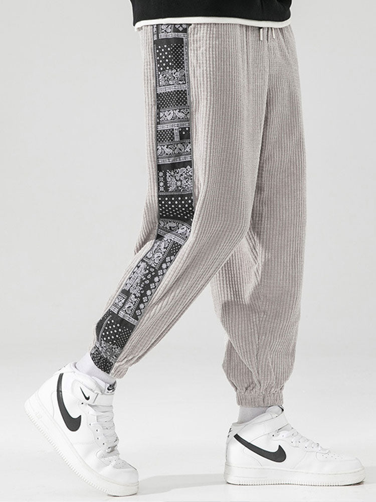 Corduroy Paisley Print Panel Pants