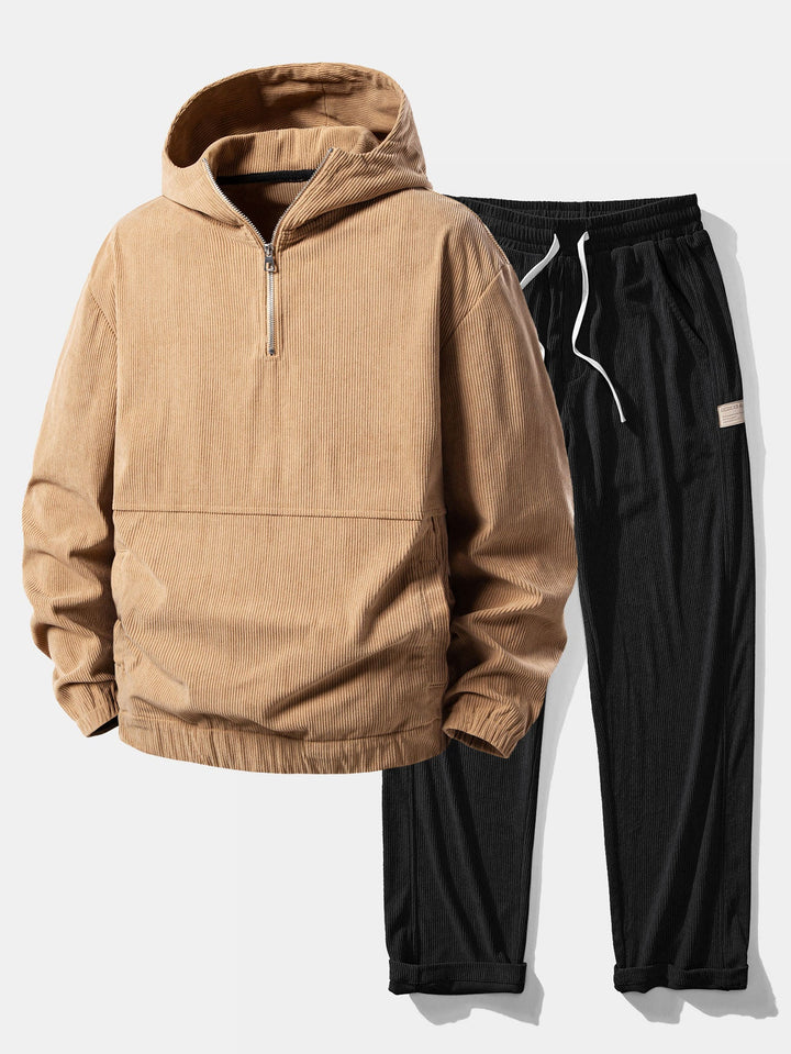 Relax Fit Corduroy Half-Zip Hooded Pullover & Straight Leg Corduroy Pants