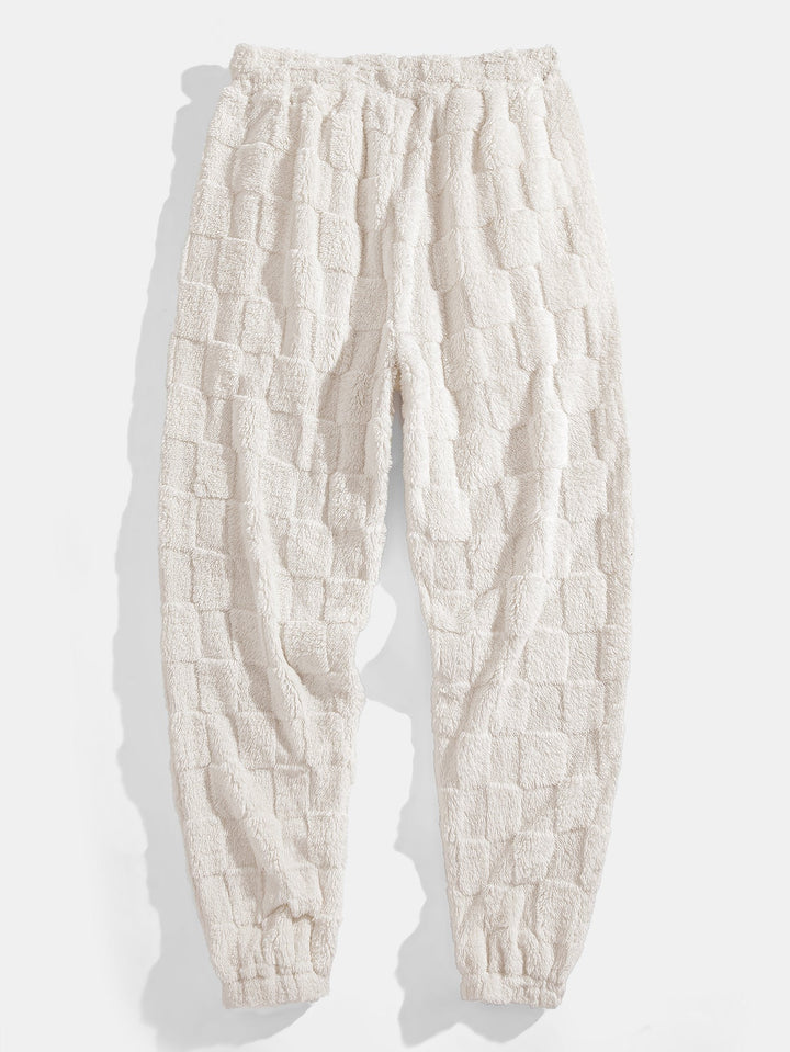 Relax Fit Checkerboard Kangaroo Pocket Teddy Hoodie & Jogger Pants