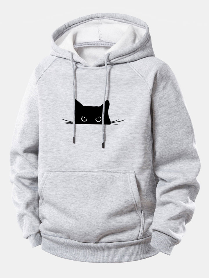 Black Cat Print Drawstring Hoodie