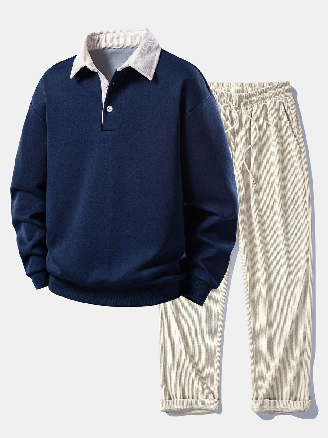 Relax Fit Contrast Corduroy Polo Collar Sweatshirt & Straight Leg Corduroy Pants