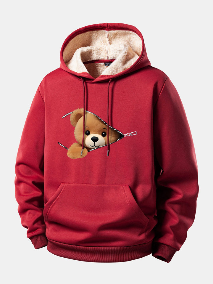 Zipper Bear Print Teddy Lined Hoodie