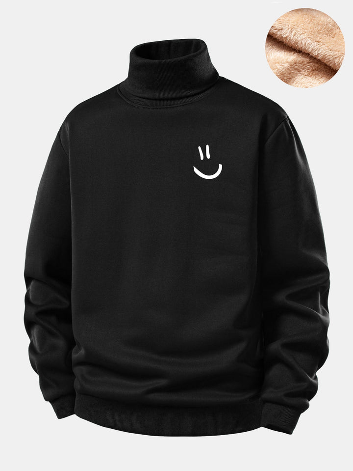 Smiley Face Print Teddy Fleece Lined Turtle Neck Sweatshirt