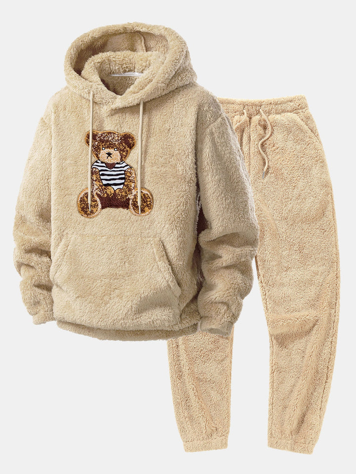 Bear Embroidered Patch Teddy Hoodie & Teddy Jogger Pants