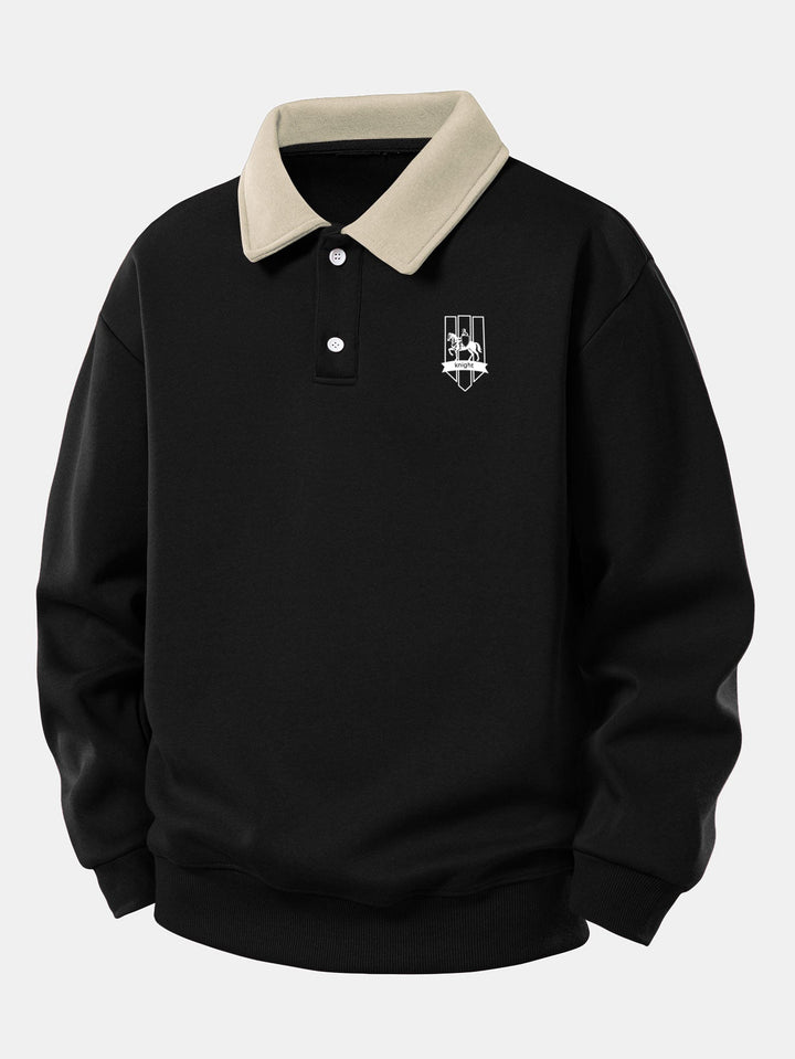 Relax Fit Knight Badge Print Contrast Polo Sweatshirt