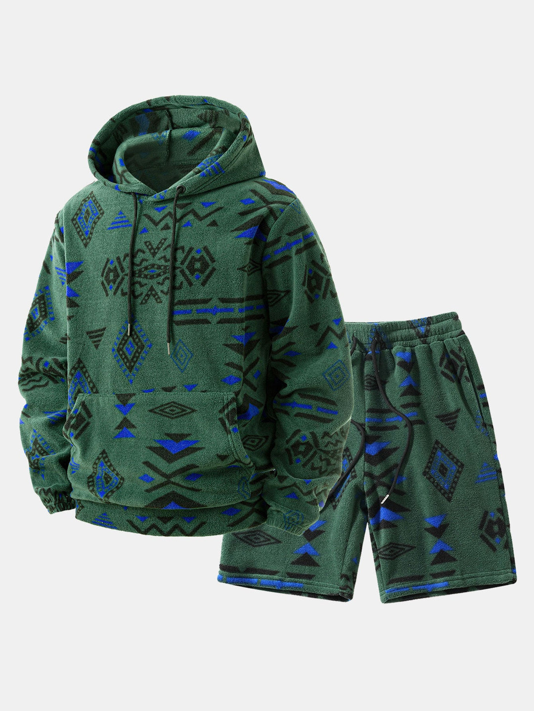 Relax Fit Tribal Geometry Teddy Hoodie & Shorts
